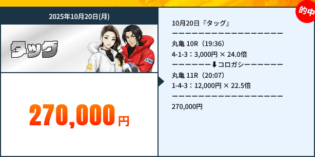 競艇タッグ3連単コロがし的中